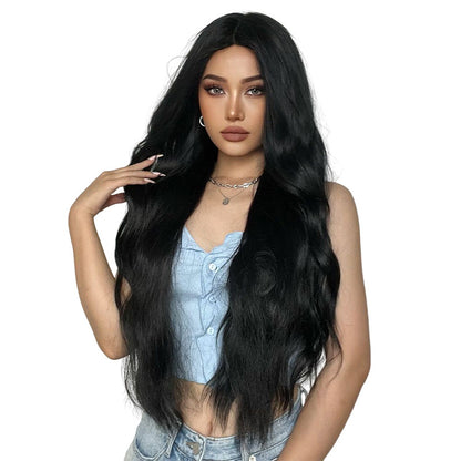 New Style Fake Middle Part Long Curly Hair Black Matte High-Temperature Fiber Wig
