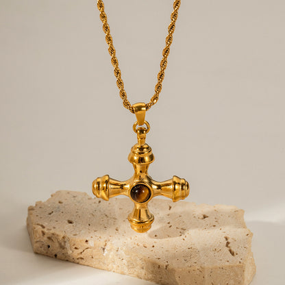18K gold stainless steel cross necklace tiger eye pendant titanium steel does not fade