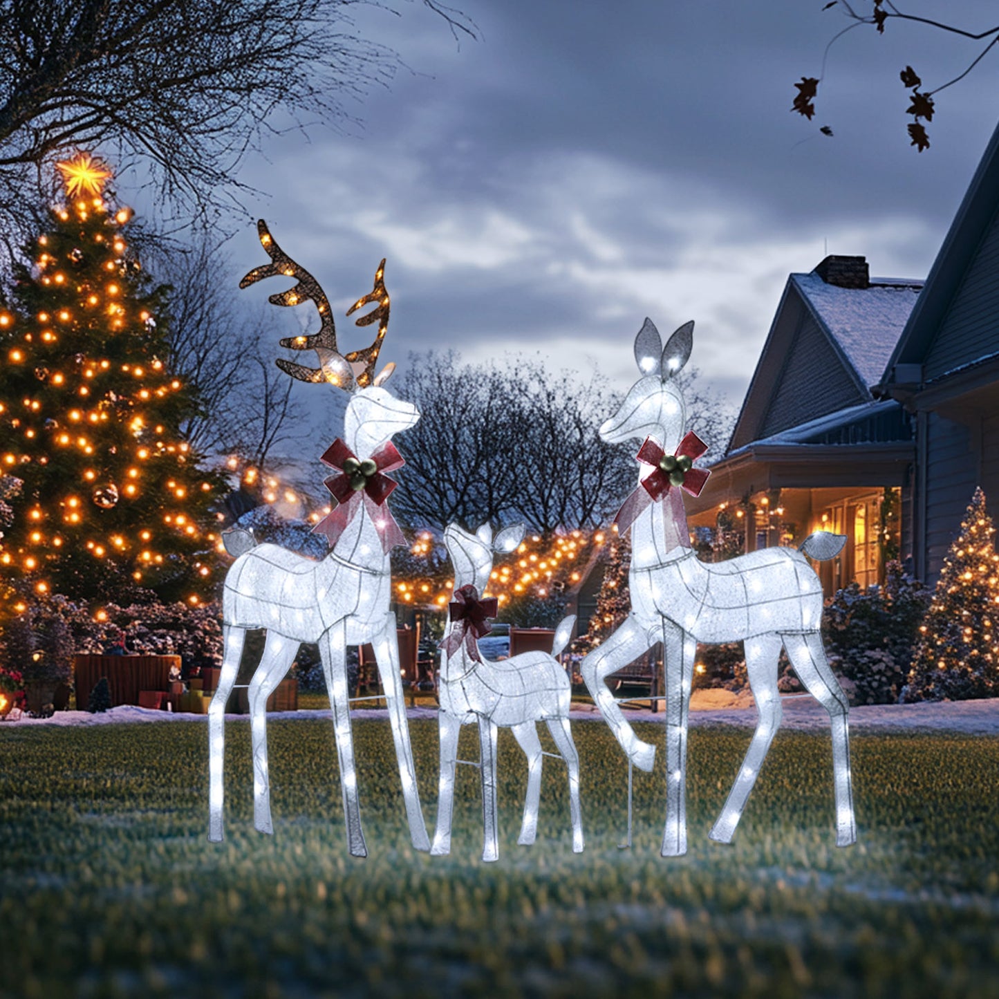 3PCs Large 3D LED Reindeer Set for Outdoor Christmas Decor - Lighted Yard Lawn Decorations