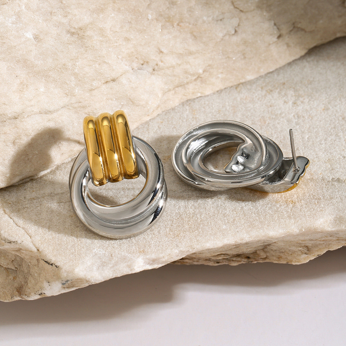 High-end Gold and Silver Color Block Stainless Steel Earrings for Women 8k Gold Spiral Wrapped Simple Titanium Steel Hoop Earrings