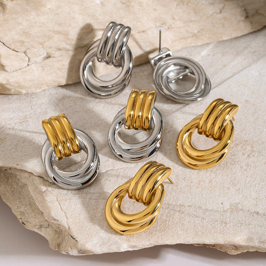 High-end Gold and Silver Color Block Stainless Steel Earrings for Women 8k Gold Spiral Wrapped Simple Titanium Steel Hoop Earrings