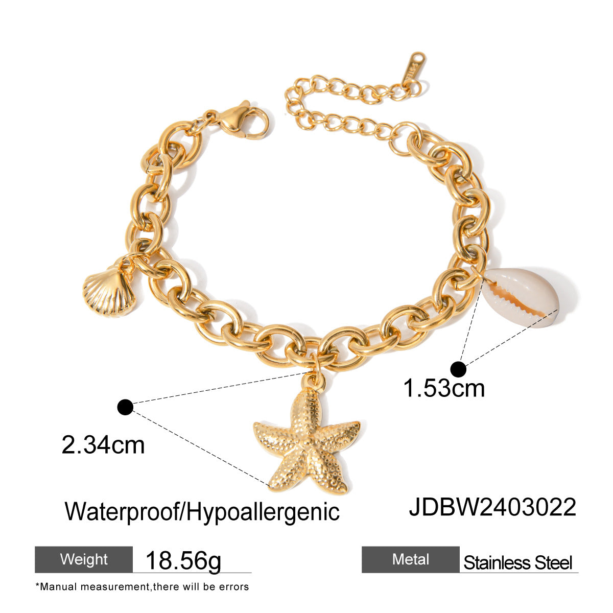 18k Gold Stainless Steel Starfish Shell Conch Bracelet