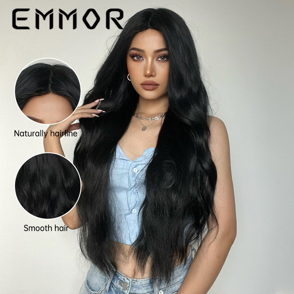 New Style Fake Middle Part Long Curly Hair Black Matte High-Temperature Fiber Wig
