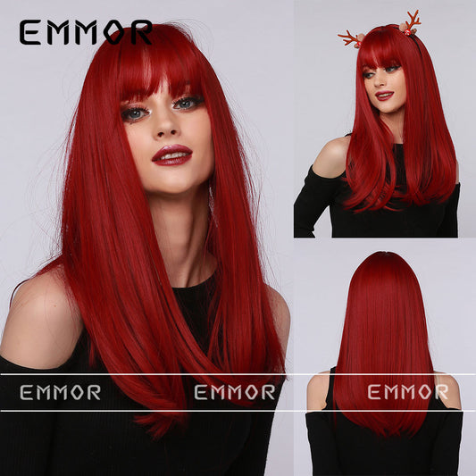 King Neptune Red Berry Fruit Red Highlighted Bangs Medium Length Straight Hair Halloween Wig Full Head Hairstyle