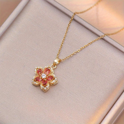 Rotatable Stress Relief Flower Pendant Necklace for Women Summer Rhinestone Decorative Necklace Party Fashion Exquisite Jewelry