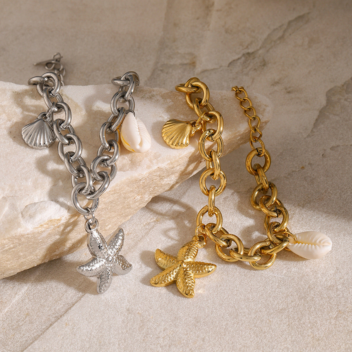 18k Gold Stainless Steel Starfish Shell Conch Bracelet