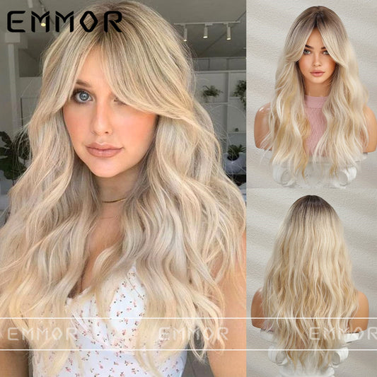 Long Hair Wig with Middle Part, Highlighted Black Gradient, Golden Temperament, Small Curls