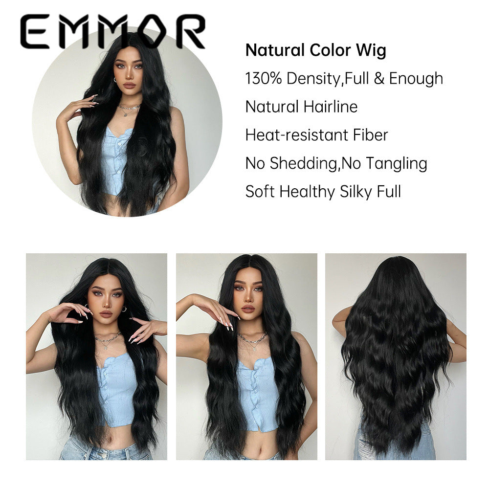New Style Fake Middle Part Long Curly Hair Black Matte High-Temperature Fiber Wig