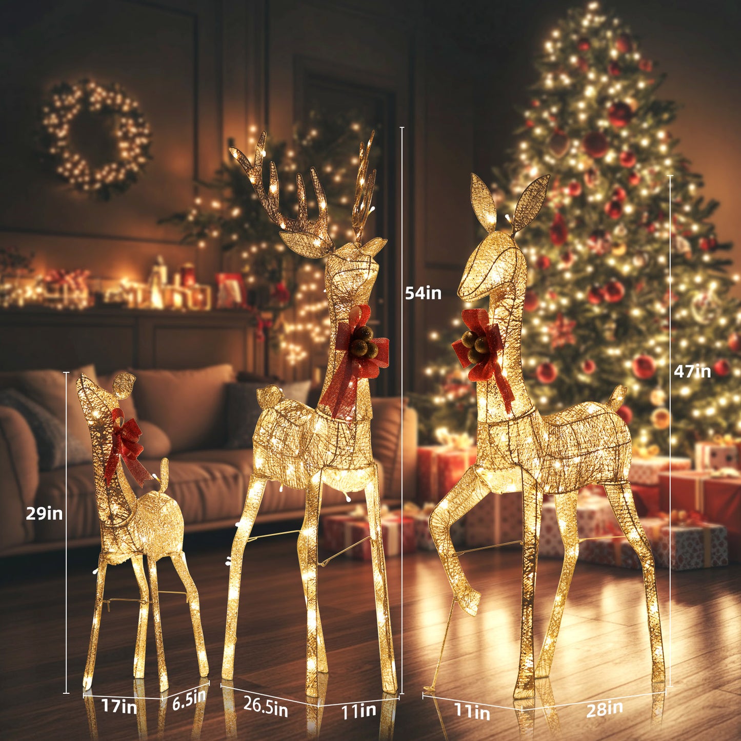 3PCs Large 3D LED Reindeer Set for Outdoor Christmas Decor - Lighted Yard Lawn Decorations