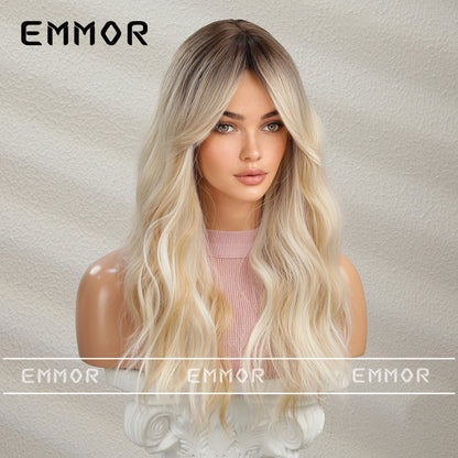 Long Hair Wig with Middle Part, Highlighted Black Gradient, Golden Temperament, Small Curls