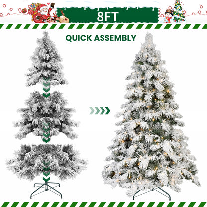 Snow Flocked Christmas Tree with RGB Pre-Lit Lights - 5/6/7/8 FT Holiday Decor