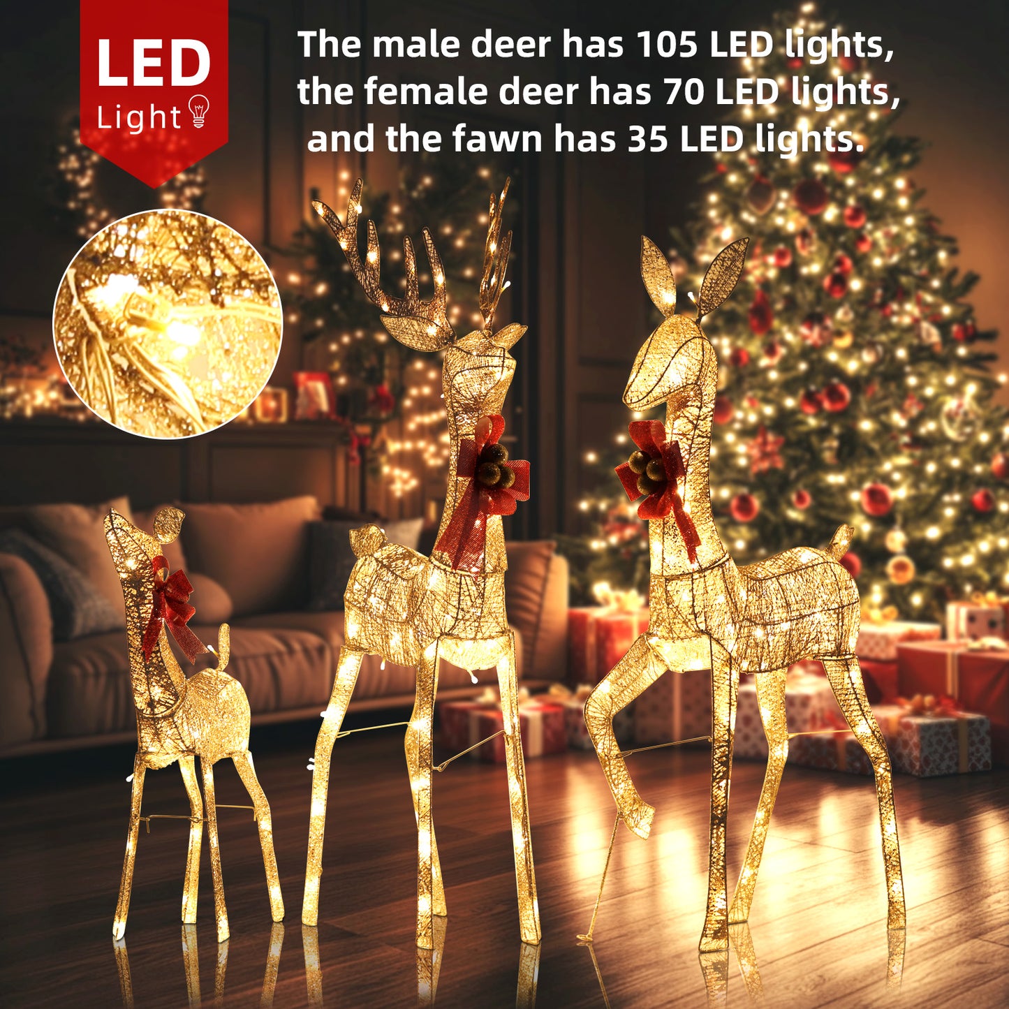 3PCs Large 3D LED Reindeer Set for Outdoor Christmas Decor - Lighted Yard Lawn Decorations