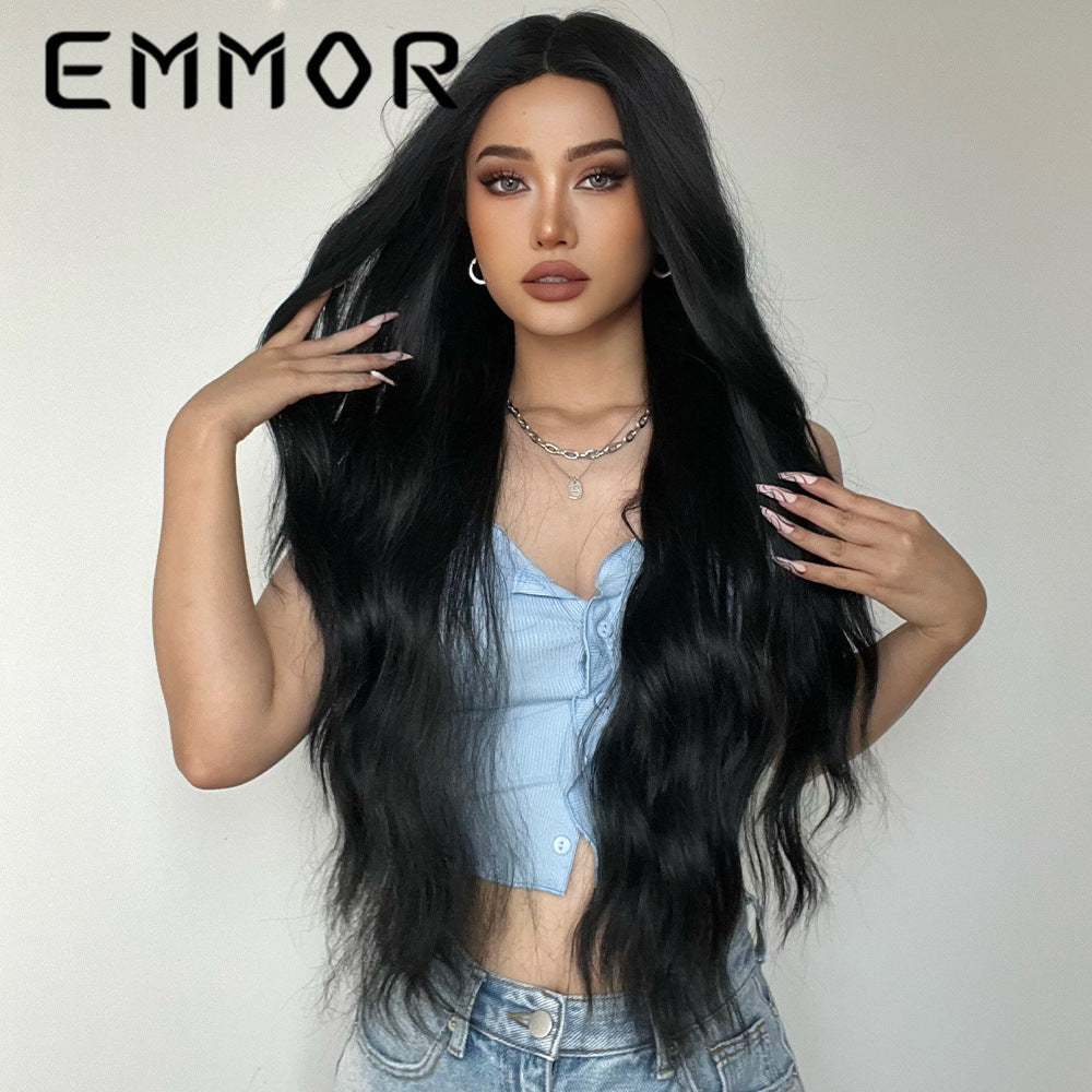 New Style Fake Middle Part Long Curly Hair Black Matte High-Temperature Fiber Wig