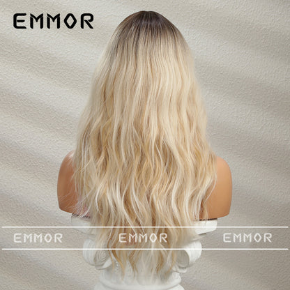 Long Hair Wig with Middle Part, Highlighted Black Gradient, Golden Temperament, Small Curls