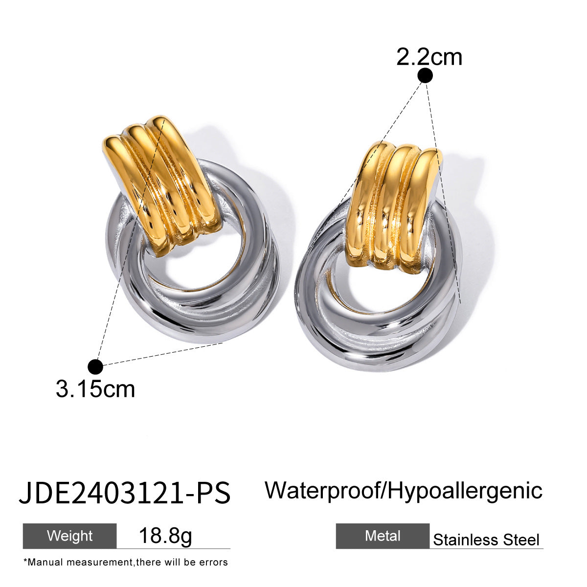 High-end Gold and Silver Color Block Stainless Steel Earrings for Women 8k Gold Spiral Wrapped Simple Titanium Steel Hoop Earrings