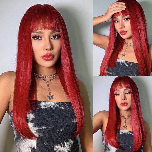 King Neptune Red Berry Fruit Red Highlighted Bangs Medium Length Straight Hair Halloween Wig Full Head Hairstyle