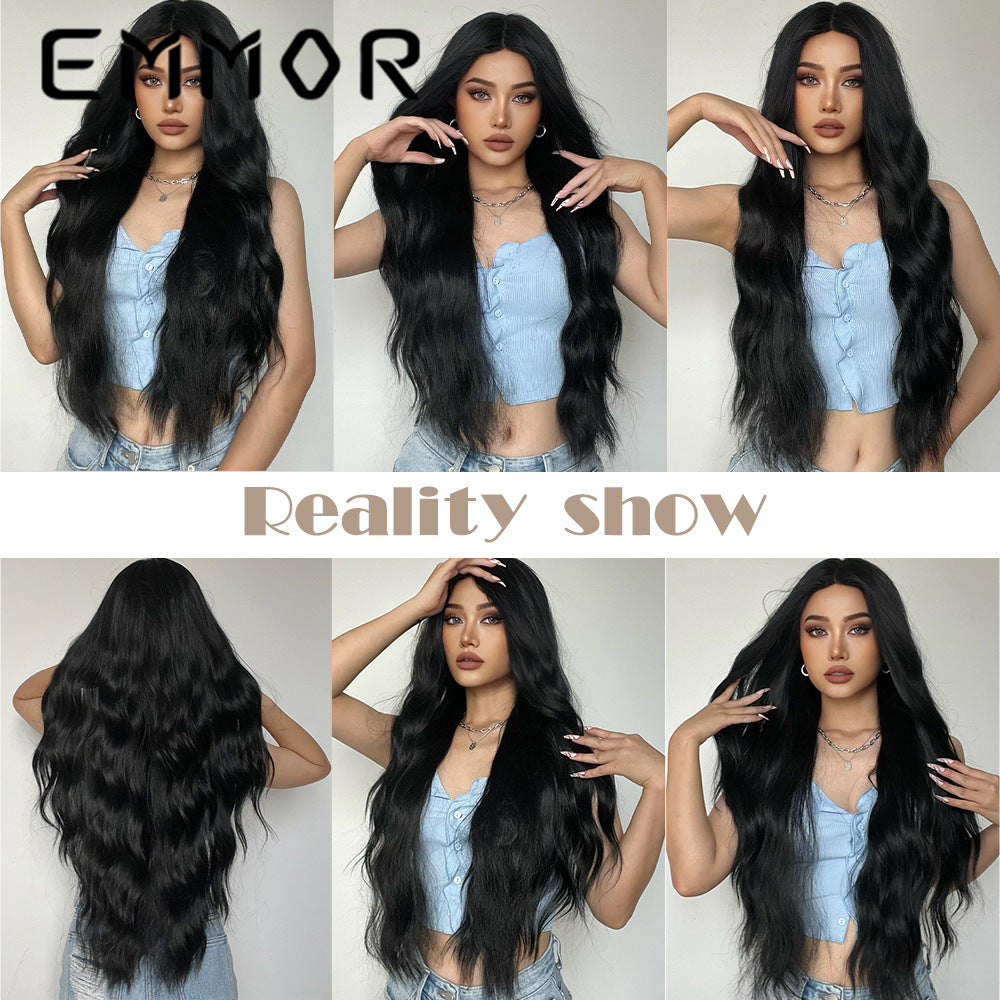 New Style Fake Middle Part Long Curly Hair Black Matte High-Temperature Fiber Wig